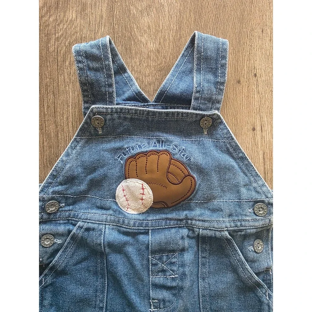 Vtg Kids Denim Baseball Overalls Future All Star Blue Light Wash 6-9M